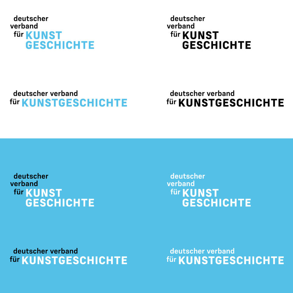 Drei- und zweizweilige Logovarianten in Schwarz, Schwarz-Blau, Schwarz-Weiß und Weiß. Grafik.