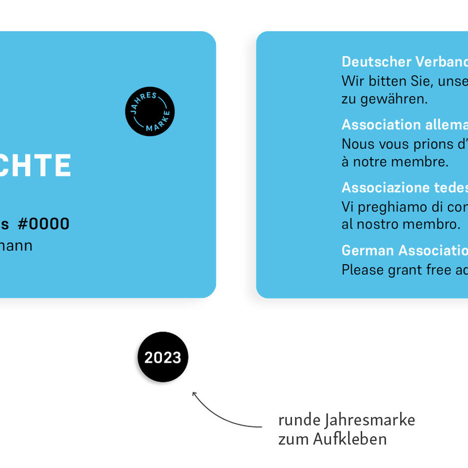 Vorderseite mit Verbandslogo, Mitgliedsnummer und -name und Platz für Jahresmarkenaufkleber. Rückseite mit Infostext für Museen mit der Bitte um freien Eintritt auf Deutsch, Französisch, Italienisch und Englisch. Grafik.