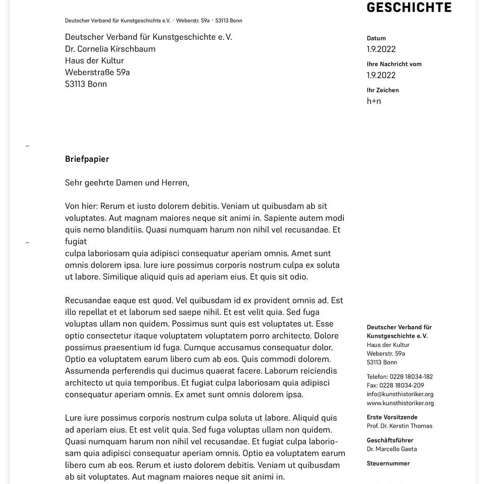 Briefpapierlayout mit Empfänger und Logo im Kopfbereich, Hauptspalte für Text und Verbandsinformationen in der Seitenspalte.