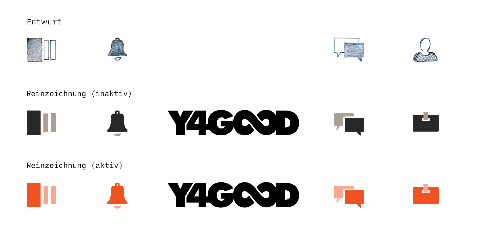 Icons für YMCA4GOOD. Skizzen und Bildschirmfotos.