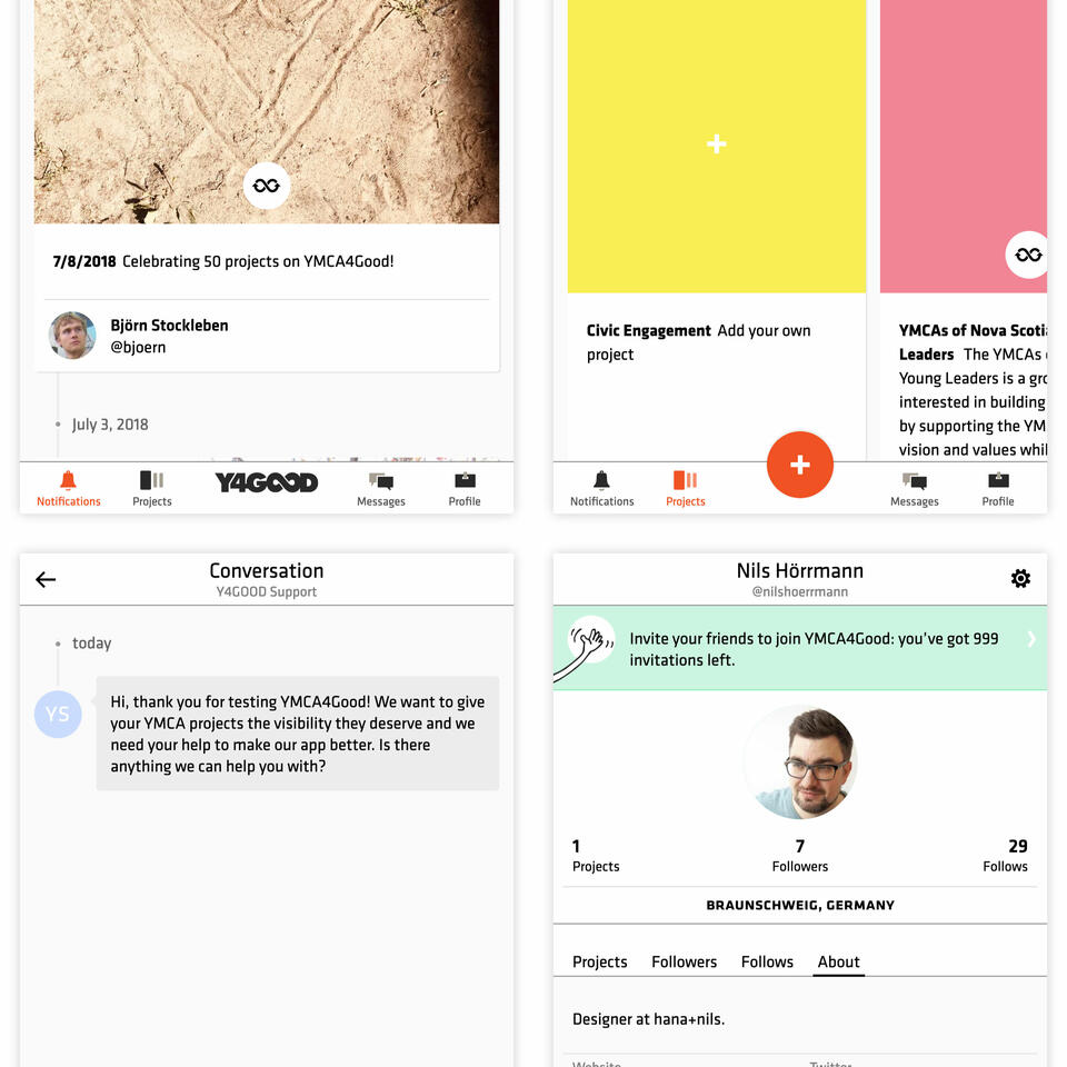 YMCA4GOOD-App. Bildschirmfotos.