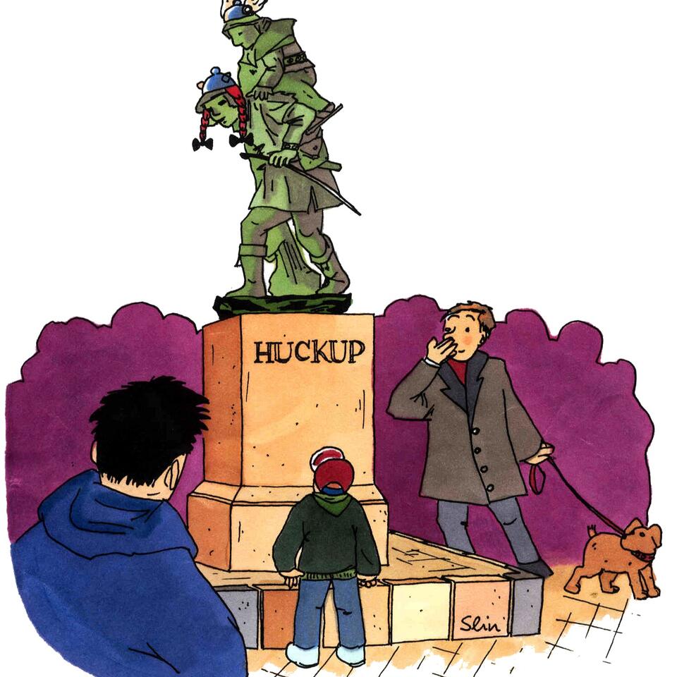 Hildesheimer Huckup-Statue mit Asterix-Helm und Obelix-Zöpfen. Zeichnung.